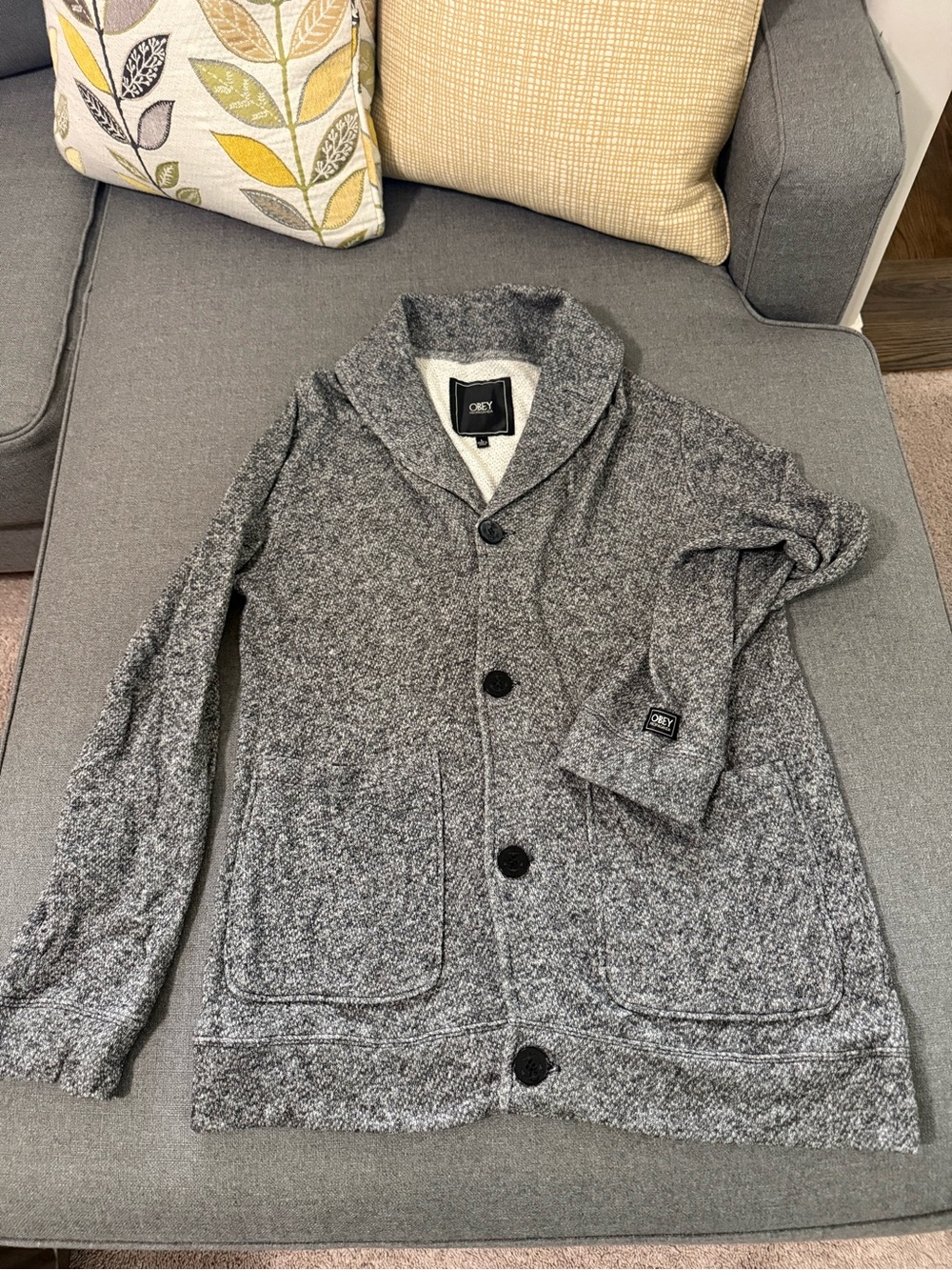 Obey Gray Shawl Collar Cardigan Sweater